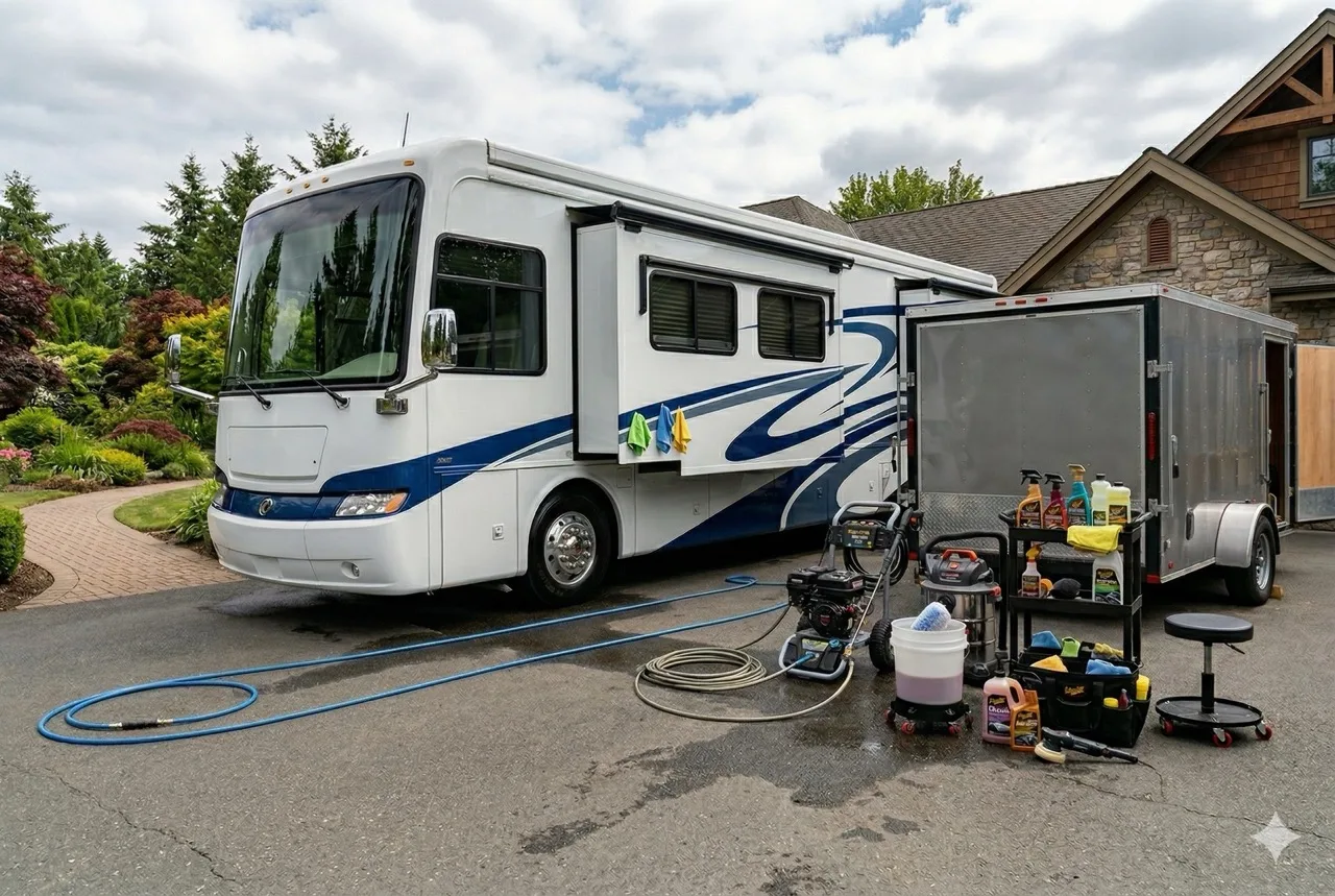 Motorhome being washed and detailed by AXION technicians